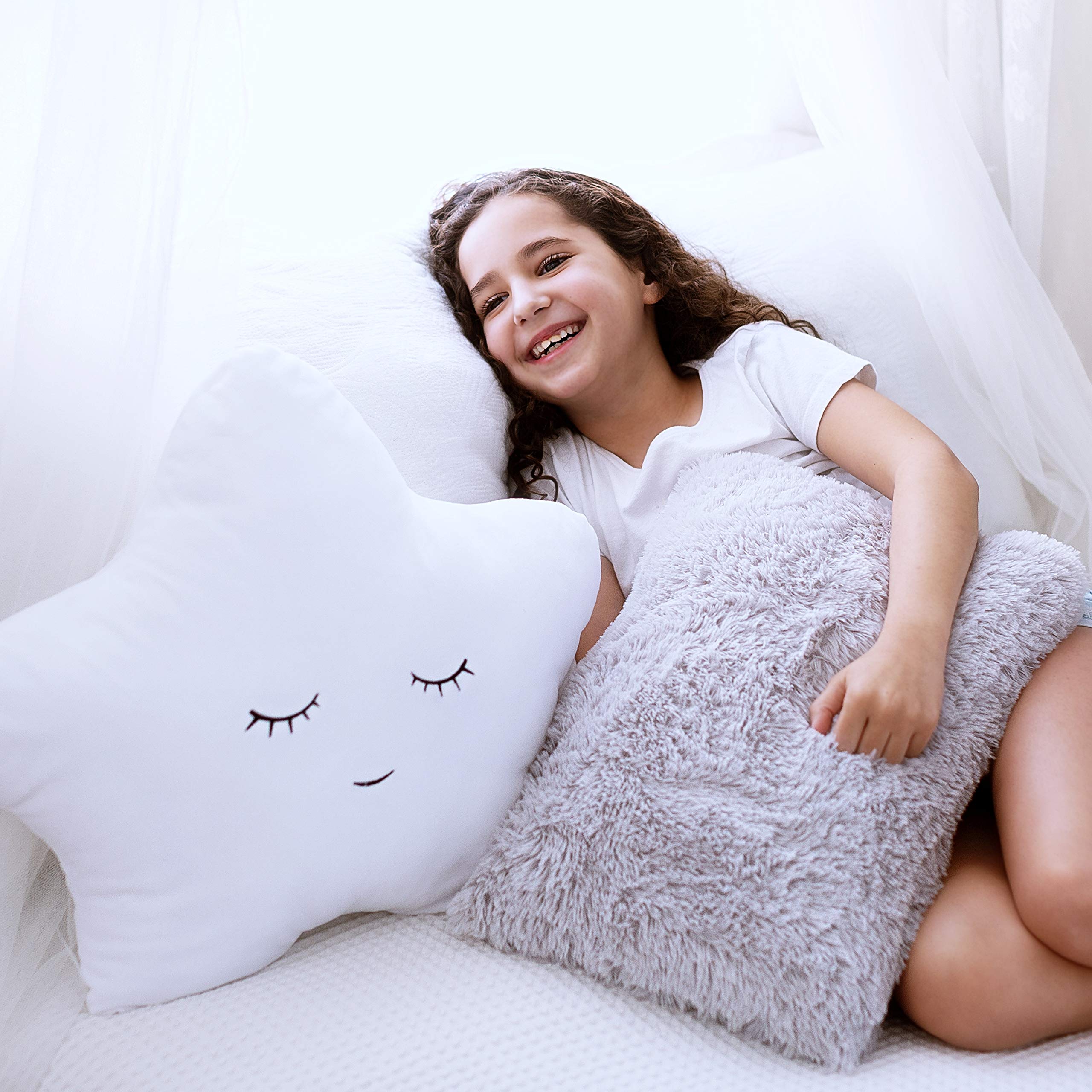 Perfectto Design Set Of 2 Decorative Pillows For Girls Toddler Kids Room, White Fluffy Star And Furry Grey, Soft Plush Throw Pil